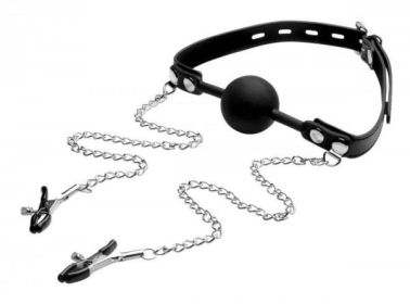 Strict Silicone Ball Gag with Nipple Clamps Black