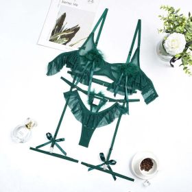 Pompons Pleated Skirt See Through Comfortable Mesh Sexy Lingerie Set (Color: Blackish Green, size: M)