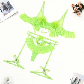 Pompons Pleated Skirt See Through Comfortable Mesh Sexy Lingerie Set (Color: Green, size: M)