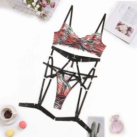 Sexy Lingerie Suit Color Pattern Tie Dyed Printed Sexy Mesh Split Four Piece Set (Color: Multi, size: L)